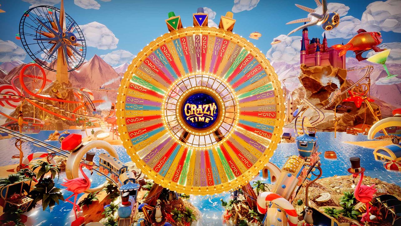 The Crazy Time bonus: a giant virtual wheel with three flappers (green, blue, yellow) and multipliers up to 20,000x.