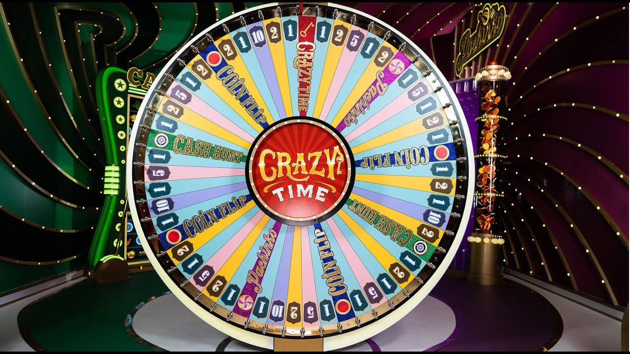 The Crazy Time money wheel in the Evolution studio: numbers 1, 2, 5, 10 and the Coin Flip, Cash Hunt, Pachinko and Crazy Time bonus segments.